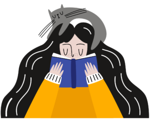 Illustration of a young woman reading with a cat curled up on her head.